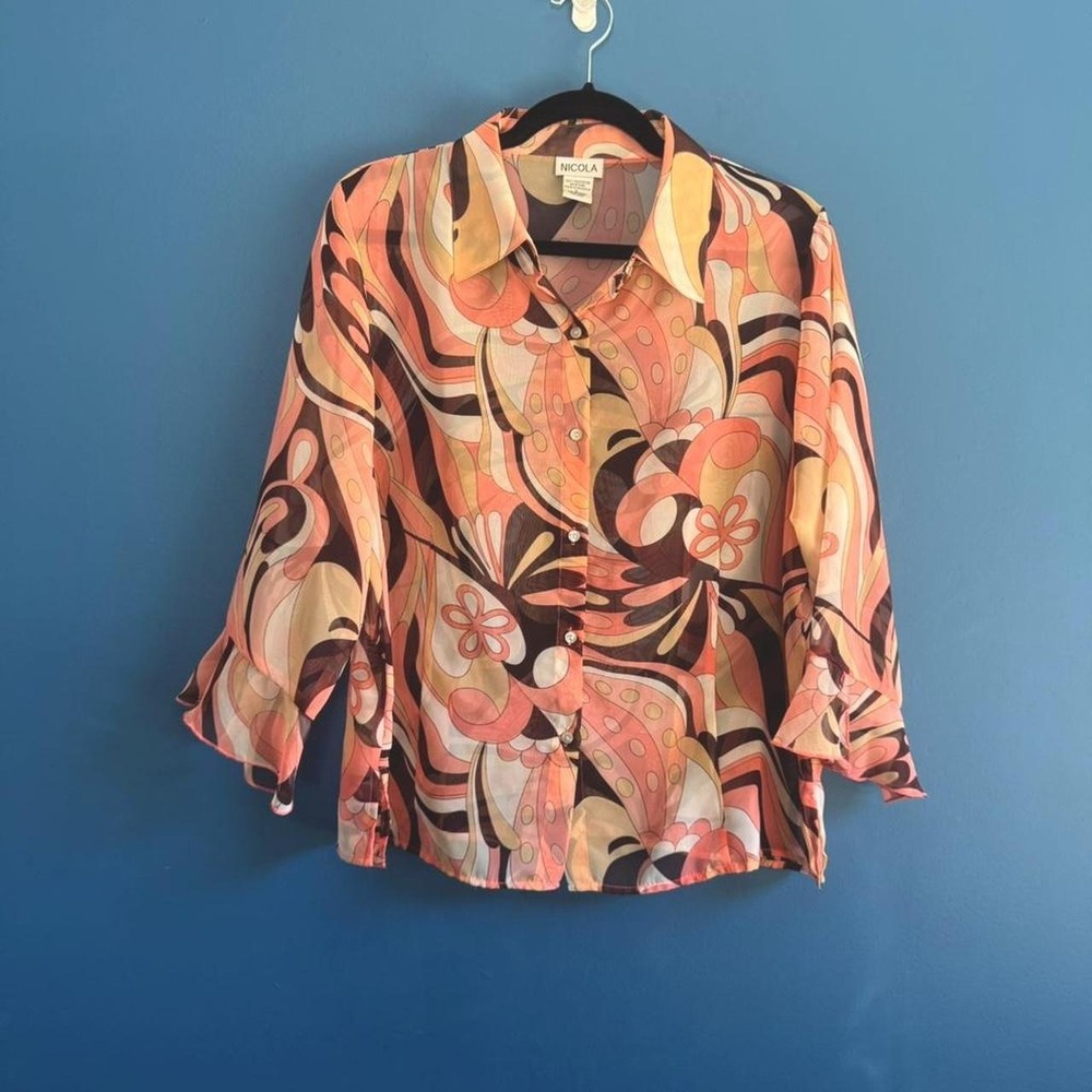 Y2K Sheer Blouse Women's Size Large Pink Brown Nicola Ruffle Groovy 00s Artsy